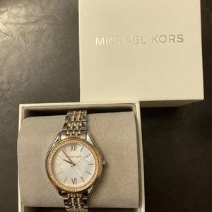 Michael Kors Women's Mindy Three-Hand Two-Tone Stainless Steel Watch NEW IN BOX